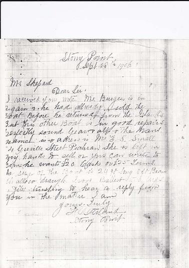 A letter written by H. Osterlund of Stony Point to Mr. Shepard [sic. correct spelling Shepherd], dated Stony Point, Sept 28th 1906, concerning a boat Mr. Osterlund had for sale, in which Mr. Shepherd was interested. The owner of the boat was Mr. E. S. Small of Greville St., Prahran