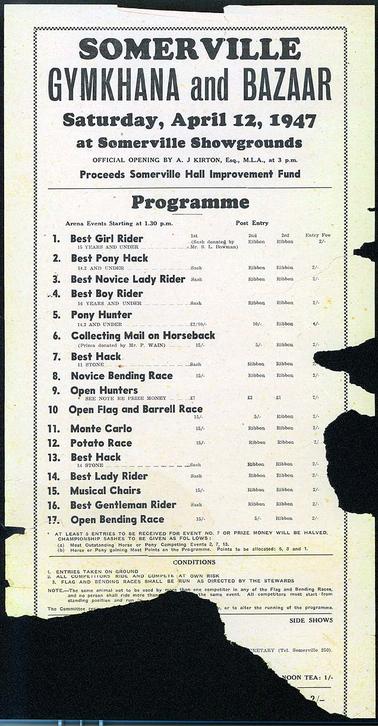 Somerville gymkhana and bazaar programme, held at Somerville Showgrounds on Saturday, April 12, 1947. Official opening by A. J. Kirton, M.L.A.