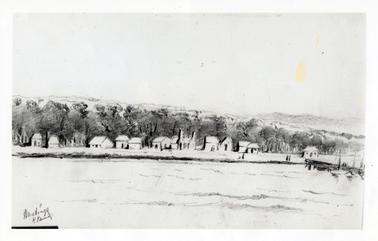 This image shows a sketch of a foreshore, with small buildings and trees in the background.  A jetty and boat can be seen on the right-hand side of the image.  Written on the left-hand bottom of the image is: “Hastings K. Kennedy”. 