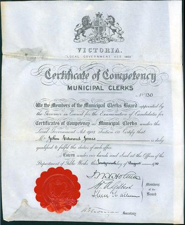 A Certificate of Competency issued by the Municipal Clerks Board under the Victorian Local Government Act 1903 to Mr John Edward Jones. The certificate is dated 27th of August, 1910