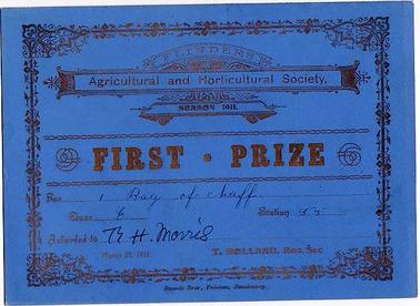 Certificate reads: “Flinders Agricultural and Horticultural Society, season 1911. First prize. For 1 bag of chaff, Class E, Section 55, awarded to R. H. Morris, March 29, 1911. T. Holland, Hon. Sec. Swords Bros., Printers, Dandenong”