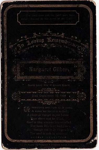 A funeral card for Margaret Gilbert, wife of Edward Gilbert, died September 23, 1894.
