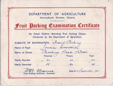 Certificate reads: “Department of Agriculture, Horticultural Division, Victoria. Fruit Packing Examination Certificate for school children attending fruit packing classes conducted by the Department of Agriculture. Subject of examination fruit packing, name of pupil Laurice Cusworth, name of school Hastings State School” Marks are handwritten, examiner W.H. Harris, date 30th September 1954. On the back is written in ink “donated by Laurice Jiket nee Cusworth”