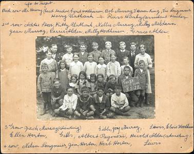This image shows four rows of school children along with their head teacher and assistant teacher, posing for a photograph in front of a large tree.  There are five children standing in the back row, eight children standing in the second back row, nine children in the second front row and four children sitting cross-legged on the ground in the front row.  The head teacher is standing in the back row on the far left-hand side and the assistant teacher is standing in the back row on the far right-hand side.  The head teacher is wearing a three-piece suit and has a moustache.  The assistant teacher is also wearing a three-piece suit.  A boy in a stripe suit in the second front row is holding a sign which reads: “Tyabb State School No. 3219”.  All the children are very well dressed.  All the girls have long hair neatly pulled back, mostly in plaits.  The names have been written in blue biro at the top and bottom of the mounting board.  