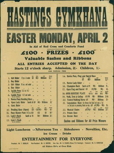 Poster and programme for Hastings gymkhana, held on Easter Monday, April 2. Undated, but assumed to be in the 1940s. President: Mr T. Barclay, vice-president: Mr C. Benton, hon. sec.: Mr S. Filmer, Treasurer: Mr H. Hemstead