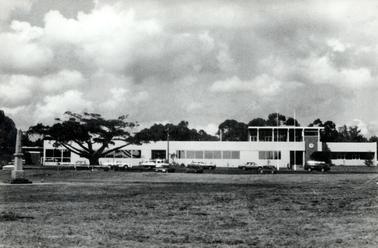 This image shows a long low office building with windows and doors across the front.  A two storey section of the building is on the right-hand end.  The building has a flat roof.  Two tall flag poles are at the front of the building.  Motor vehicles are on either side of the street in front of the building.  A large pine tree is on the left-hand side and a war memorial stands on the far left-hand side.  Tall trees are behind the building and grass land is in the foreground.  