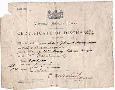 A certificate of discharge from the Victorian Military Forces, Hastings 40 Pr Battery, Victorian Rangers, for Sergeant Andrew Minis, no. 3013a, at his own request. The certificate is dated 24th March 1897 and signed by Major-General C. Horleo Smith, Commandant Military Forces