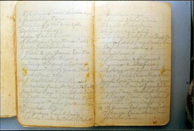 This is a photograph of a double page taken from an old book.  The pages are covered in cursive writing and contain names and particulars for the owners business.  There are yellow rust stains on the pages.  