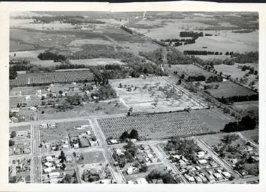 This image shows an aerial view of houses and farming lands.  Houses and streets are in the foreground and paddocks with rows of trees are in the middle section of the photograph.  Farming land is at the top of the image.  