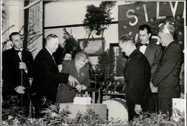 This image shows a woman cutting a cake, assisted by a man standing on her right.  A man is standing on the far left-hand side behind a microphone.  Three men are standing watching the proceedings on the right  and part of a woman can be seen in the background.  Everyone is dressed in formal attire and the man on the far right is wearing a ‘crown’ on his head.  Large letters ‘S I L V’ are on a banner on the wall and the room is decorated with leaves and branches.  