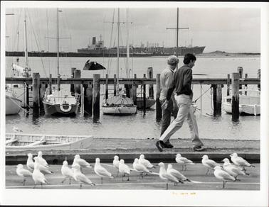 This image shows two young men walking along a foreshore.  Both are wearing long pants and one is wearing a dark coloured, long sleeved shirt and the other man a light coloured, short sleeve shirt. There is an oil tanker in the background, a half submerged boat in the water, a jetty with several boats tied on either side and a row boat on the shoreline.  Nineteen seagulls are on the road in the foreground.  
