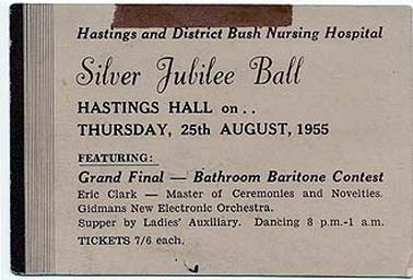 An invitation card for the silver jubilee ball of the Hastings and District Bush Nursing Hospital, Hastings Hall on Thursday, 25th August, 1955. Eric Clark, Master of Ceremonies. On the back is written A.E. Perrott in blue ink
