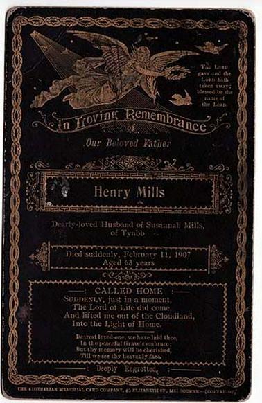 A funeral card for Henry Mills, husband of Susannah Mills, died February 11, 1907, aged 63 years