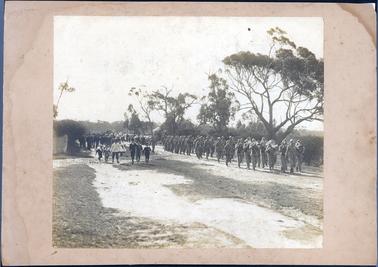 This image shows a street parade led by a military band, soldiers and a bullock team pulling a field carriage.  A soldier on horseback is behind the marching soldiers and two soldiers are sitting on the field carriage.  Men and boys are walking and running alongside.  Gum trees line the street on the right-hand side of the image.  Part of a picket fence can be seen on the left-hand side, centre, of the image.  Large trees are in the background.  A gravel road and some grass are in the foreground.  