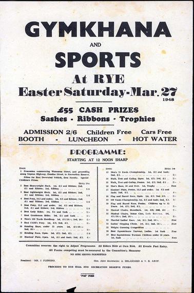 Gymkhana and sports at Rye programme, held on Easter Saturday, Mar. 27, 1948. President: Mr J. Pleming, hon. joint secretaries: A. Erlandsen & V.R. Axup
