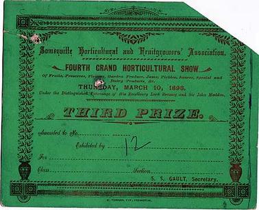 A third prize certificate awarded by the Somerville Horticultural and Fruitgrowers’ Association at their fourth MGrand Horticultural Show on Thursday, March 10, 1898, under the patronage of Lord Brassey and Sir John Madden, S. S. Gault, secretary. Printer of certificate, W. Tomkins, Frankston. Exhibit and exhibiter have not been entered