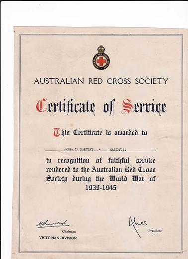 Australian Red Cross Society, Victorian Division, certificate of service awarded to Mrs T. Barclay of Hastings “ in recognition of faithful service rendered to the Australian Red Cross Society during the World War of 1939-1945” Certificate is undated, so date is assumed. On the back is the number: 5322