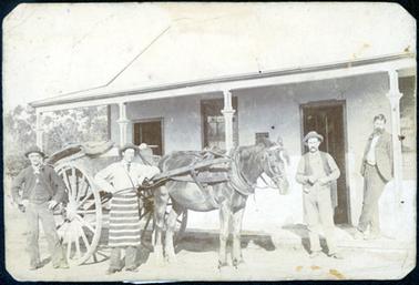 This image shows four men standing outside a building along with a horse and cart.  The men are all looking at the camera.  The man on the left-hand side of the image is standing beside the wheel of the cart with his hands on his hips.  The man beside him is wearing a butcher’s apron and has one hand on his hip and the other arm resting on the cart.  There is a man with a moustache, standing close to the horse’s head. The man on the far right-hand side of the image is leaning against a post on the building.  He has a beard and moustache.  He is standing cross-legged.  Four verandah posts can be seen on the building along with a doorway and three sets of windows.  Trees can be seen in the background on the left-hand side of the image.    