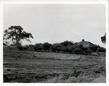 This image shows a block of ploughed land with grass on either side.  There is a house in the background on the right-hand side of the photograph.  The house has a large chimney.  Between the house and the paddock is a post and wire fence with a line of trees growing along side.  There is a very large sum tree on the left-hand side.  Buildings can be seen in the distance on the left-hand side of the photograph.  
