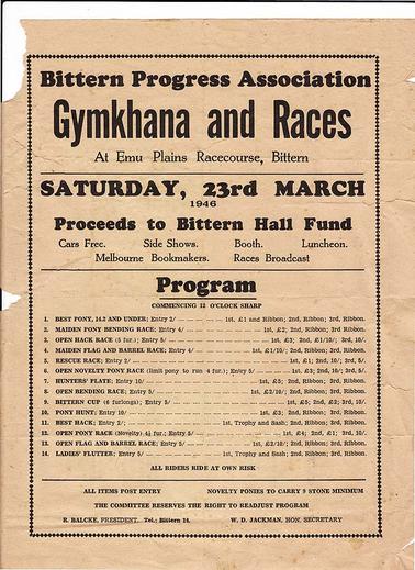 Bittern Progress Association gymkhana and races program, held at Emu Plains Racecourse, Bittern on Saturday, 23rd March, 1946. President: R. Balcke, hon. secretary: W.D. Jackman