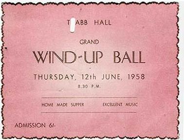 An invitation card for the Grand Wind-Up Ball of the Tyabb Hall, on Thursday, 12th June, 1958