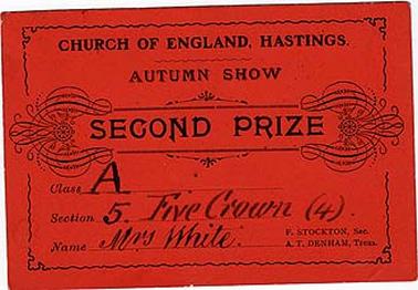 A second prize certificate awarded by the Church of England, Hastings at their Autumn show to Mrs. White. F. Stockton, Secretary, A. T. Denham, Treasurer. Certificate is undated