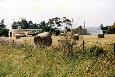 This image shows approximately eight round bales of hay in a paddock.  Large sheds are in the background.  The building on the left has “Lawn & Garden Care Equipment” painted in large letters across the side.  Long seeded grass and a rusty barbed-wire fence are in the foreground.  Tall trees are beside and behind the sheds.  