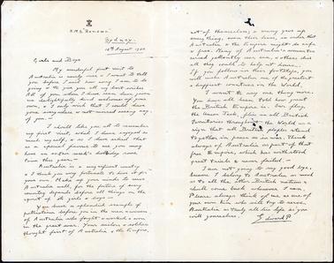 A mimeographed copy of a letter sent from the ship H.M.S. Renown in Sydney on 16th August 1920. Addressed to “girls and boys” and signed “Edward P”