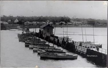 This image shows a jetty in a large expanse of water with fishing boats along both sides and a township in the background.  Shops and houses with picket fences can be seen.  There is a fishing shed on the jetty and the word “HASTINGS” is on the front, right-hand side of the image.  Fishing nets are handing over the rails of the jetty.  There are several men along the Jetty and a man in a horse-drawn vehicle is leaving the jetty. There is a line of large trees behind the township.  Written  at the bottom of the image in beautiful writing  is: “c 1900 Hastings and other settlements depended largely on fishing for over 100 years - jetty constructed 1864 for £590”.