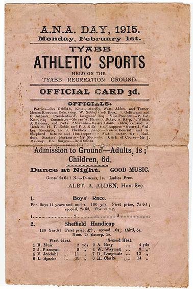 A.N.A. Day, 1915, Tyabb athletic sports programme, held on Monday, February 1st on the Tyabb recreation ground. Hon. sec.: Albt. A. Alden
