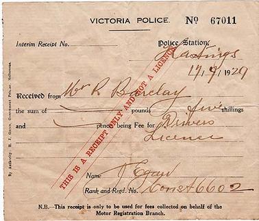 A receipt from Victoria Police, Hastings Police Station, signed by Constable J. Egan, for a fee of five shillings for a drivers licence for Mr. R. Barclay, dated 17/9/1929
