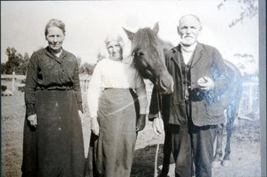 This image shows three elderly people, two women and one man, standing posing for a photograph.  A horse is standing behind the man and looking over the man’s right shoulder.  The man is holding the horse by a rope.  The woman on the left of the photograph is wearing a dark coloured, long-sleeved blouse and skirt.  The woman in the middle is much shorter and is wearing a white long-sleeved blouse and a light coloured skirt.  The man is wearing a three-piece suit and has a moustache and beard.  A post and rail fence can be seen in the background and a line of trees in the far background.   
