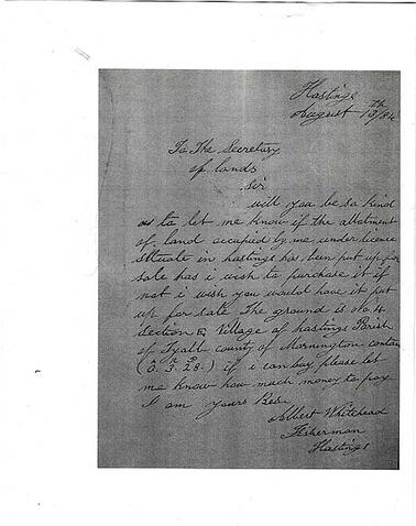 Photocopy of a letter written by Albert Whitehead, fisherman, of Hastings to the Secretary of Lands, asking if he could buy the allotment of land in Hastings he occupied under licence. The letter is dated August 13th/84