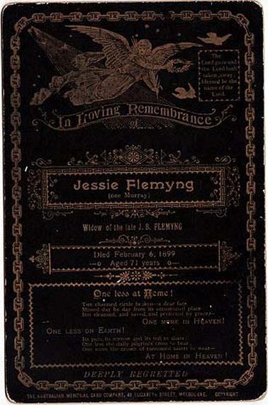 A funeral card for Jessie Flemyng (nee Murray), widow of the late J. B. Flemyng, died February 6, 1899, aged 71 years