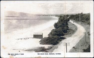 This photograph is taken from a height looking down on a beach scene.  There is a hut on the beach with a small structure extending out into the water.  A line of thick trees and grass separates the beach from the road.  A line of telegraph poles line the right-hand side of the road and more trees and shrubs can be seen to the right of the poles.  A horse-drawn vehicle can be seen in the far distance on the road. A long pier can be seen in the background.  Some buildings can be seen through the trees in the background and  a line of hills is in the far background.  Printed on the front of the image is: “The Rose Series, P2084 Copyright The Beach Road, Dromana, Victoria”. 