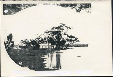 This is a circular image showing a house set back with large trees behind it on the water’s edge.  Land can be seen in the far background with roof tops amongst the trees.   The number 5 is printed on the bottom left-hand side of the image.  Part of a photo showing branches seen at the top.  