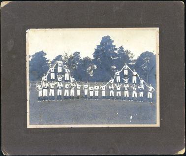 This image shows a group of twenty-nine men doing an aerobatic display.  There are two groups with thirteen men in each group.  Three men are standing between the two groups.  They are dressed in light coloured T-shirts, pants to the knee with a black band around the waist, black stockings and white shoes.  There is an emblem on their shirts.  They are performing on grass.  There are fences behind them and tall pine trees are behind the fences.  