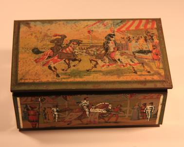 Nestles Chocolate Transfer decorated with knights, armour, etc.  (“OLDE NGLAND”), “Nestles” stamped into base. 
