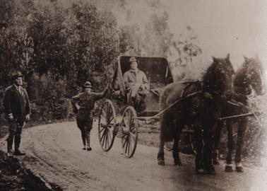2 horses and buggy with driver on (unmade) road.  One man standing at the side of the buggy and one man standing at the side of the road.  (Location unknown)  