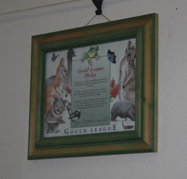 Illustrated coloured certificate, with pledge, surrounded by animals, birds and plants.  Green and gold wooden frame.
