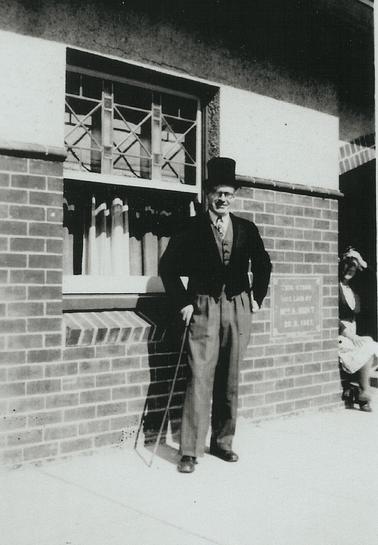 Mr. Gus Schmidt - Headmaster of State School 1667 (1944-47) - standing outside the Rye Hotel