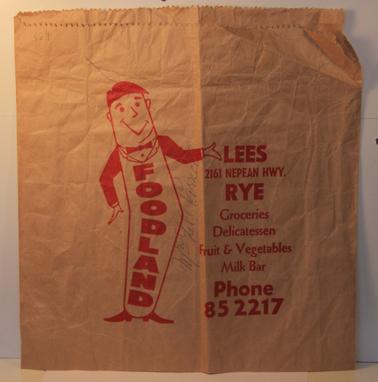 Brown paper bag from Lees Foodland 2161 Nepean Road, Rye.  
“Mrs Lil Parnett” on both sides