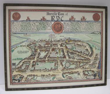 Framed illustrated map of Rye (Sussex), naming historic buildings and areas.  “Cartoon” style, water colour.