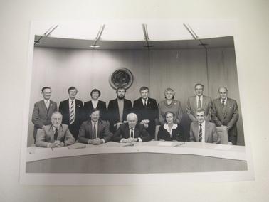 Members of Flinders Shire Council August 1989 seated at Council Table.