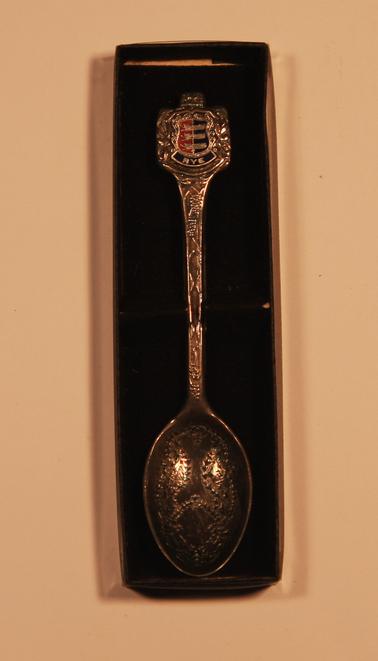 Silver teaspoon with Rye, Sussex badge in presentation box. 