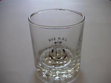 Drinking glass, solid dimpled base with gold inscription “The Rye RSL - Lawn Bowls Section”.