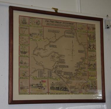 Hand drawn map and illustrations around Port Phillip Bay.  History from 180., Stained wooden frame in glass cover.
