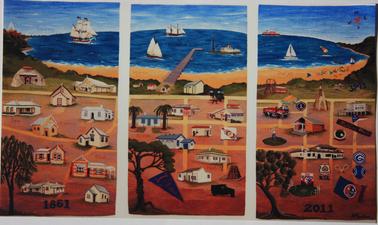 Photographs show the 150th Rye Tapestry.  There are three separate panels that show Rye in 3 stages over 150 years.  They depict buildings, flora, shipping, community groups and names of families.