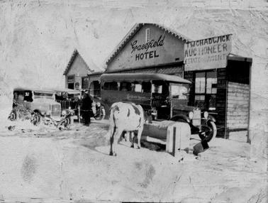 Gracefield Hotel, Rye 1926.  On the right is a sign that states “T.W. Chadwick Auctioneer, Estate Agent”.  In the photograph are two cars and one bus outside the hotel and a cow drinking out of a horse trough.