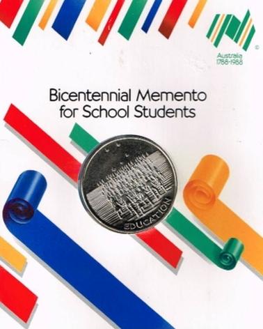 Medallion in cardboard presentation folder.  From Australian Bicentennial Authority  - distributed to all school students in 1988.  Obverse - children climbing steps with the word “EDUCATION” underneath. Reverse - “AUSTRALIAN BICENTARY 1788-1988” surrounding logo.  On the back of the folder there is a message from the Governor General, Sir Ninian Stephen 